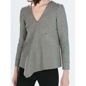 Zara Gingham Long Sleeves Asymmetric Peplum Blouse Top Business Casual Small